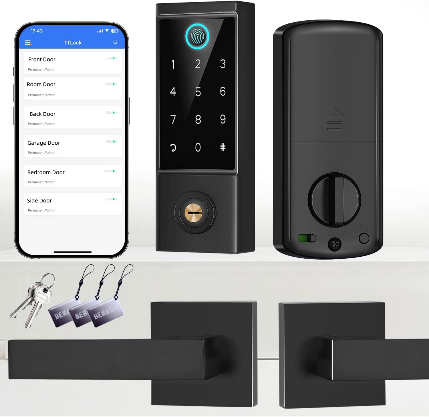 BEBASIA APP Control Fingerprint Lock with Handle, Heavy Duty Smart Keyless Entry Front Door Lock Set, Keypad Deadbolt with Lever Handles, Smart Locks for Front Door, Anti-Peeping Password Black