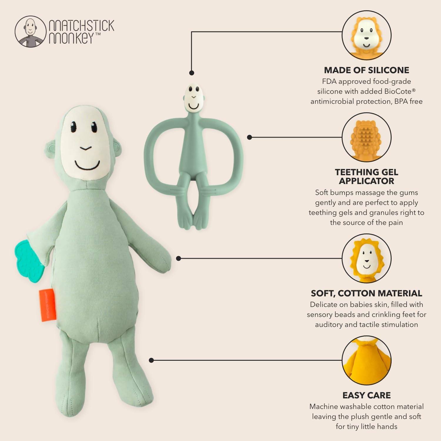 Matchstick Monkey Plush Toy Sensory Teething Teddy Gift Set, Soft Cotton, Filled with Sensory Beads, Antimicrobial Protection - Image 4