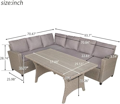 Miniatura 8 de Goohome Juego de muebles de exterior, en forma de L, para todo tipo de clima, tejido de mimbre de polietileno, sofá seccional con mesa y cojines