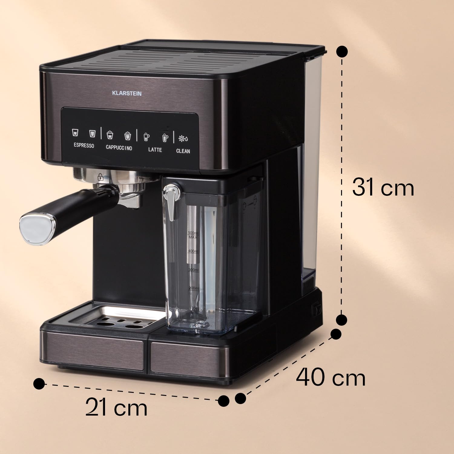 Klarstein Ekspres do kawy 1,8 l ze spieniaczem do mleka, ekspresy do kawy 20 barów, automatyczny ekspres do kawy 1350 W do kawy mielonej, ekran dotykowy, mały ekspres do kawy, stal nierdzewna