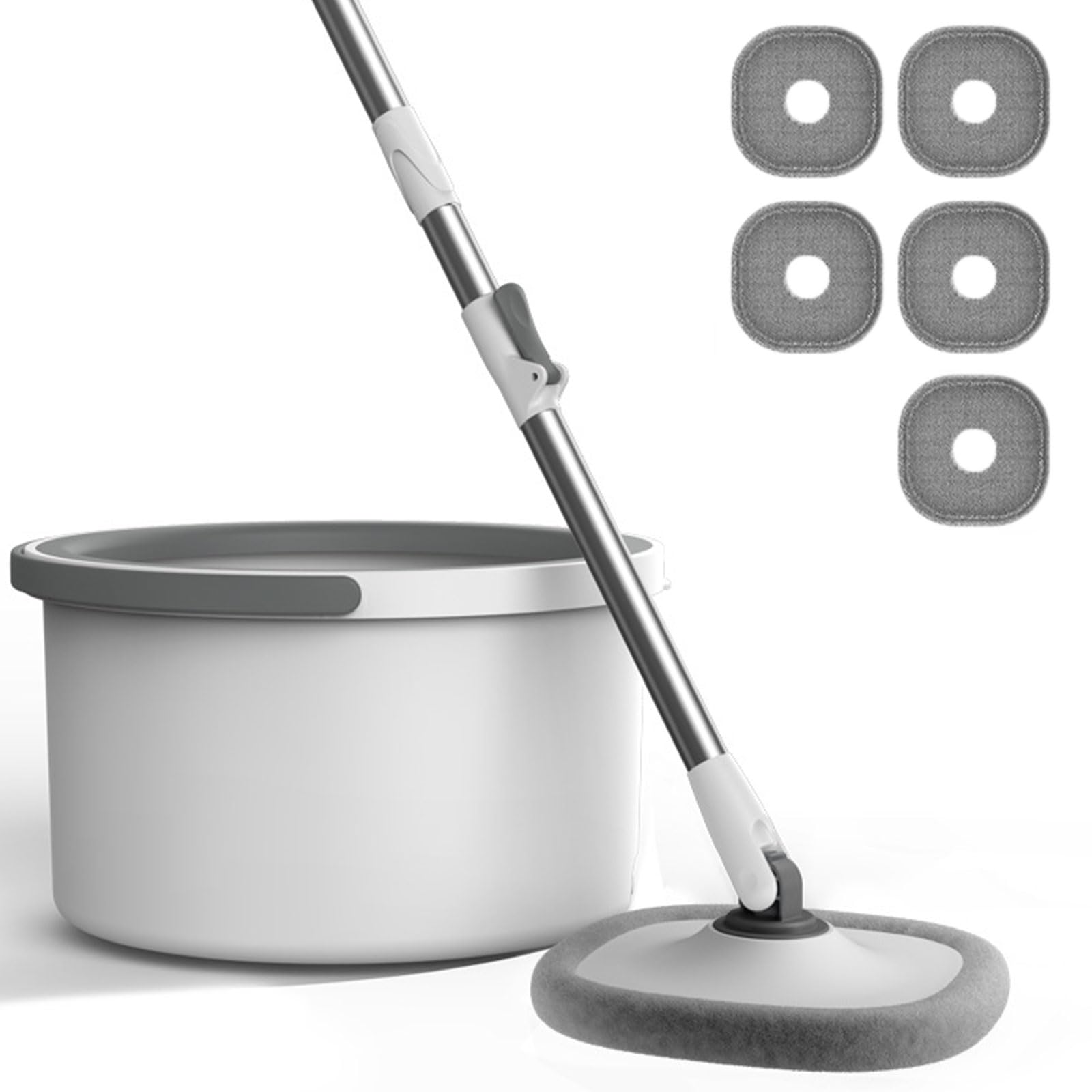 Este Juego de fregona y Cubo Giratorio con escurridor - Sistema de separación automática de Agua Sucia y Limpia - Cabezal Giratorio de 360° y 5 Almohadillas de Microfibra reemplazables para