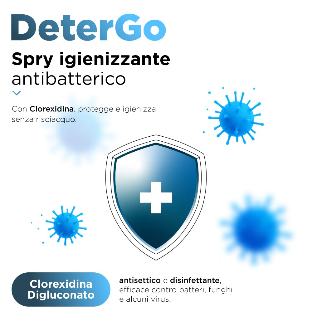 SoloUno DeterGo - Spray detergente igienizzante con Clorexidina, vitamina E, antibatterico, senza risciacquo, per cute e mucose, senza parabeni, flacone da 200 ml