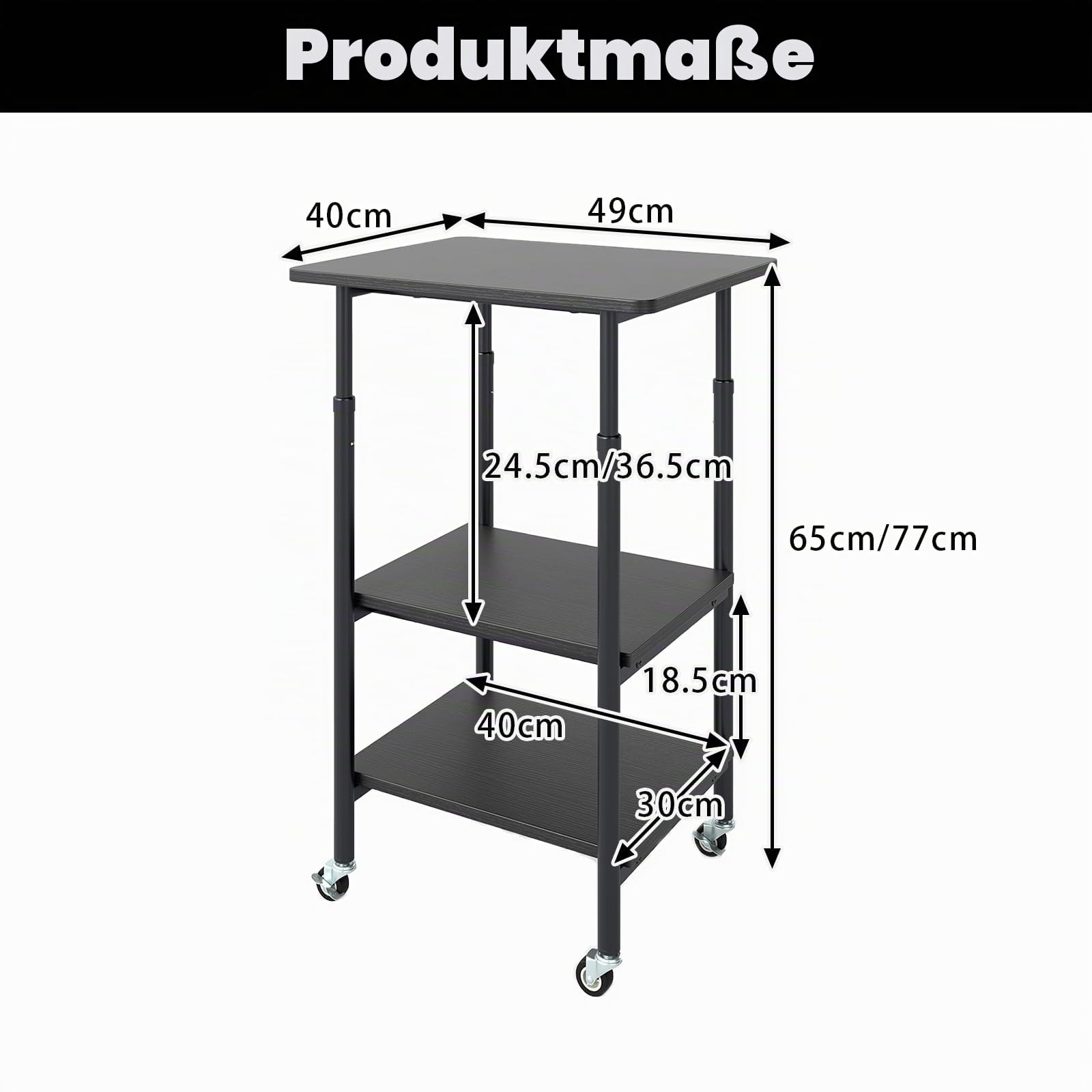HOMASIS 3-stufiger Druckerständer, Druckertisch mit Rollen, Druckerwagen höhenverstellbar 12 cm, Rollcontainer 20kg belastbar, Druckerregal Rollwagen Maschinenständer für Büro (Schwarz)