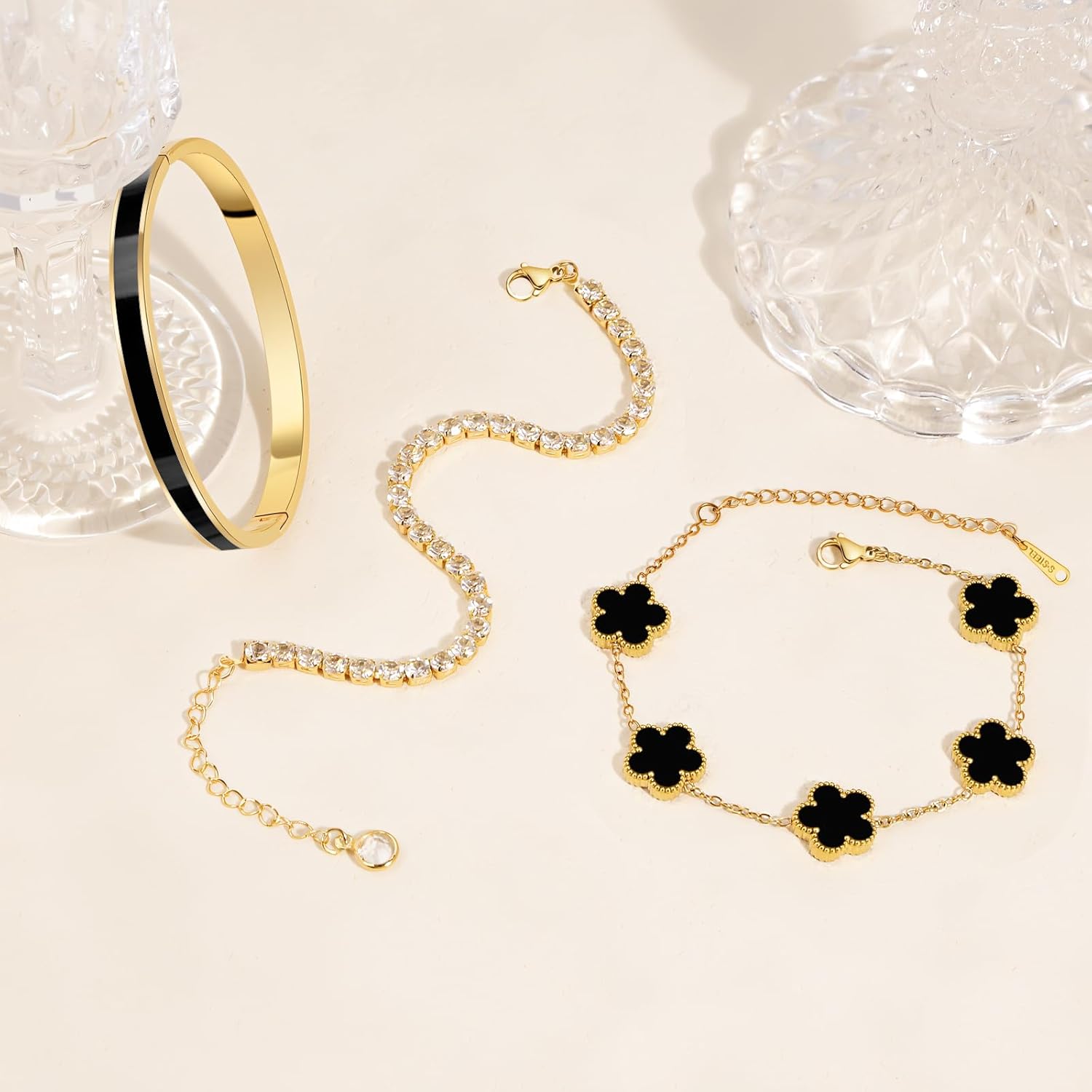 Gold Bracelets for Women, 18K Gold Plated Tennis Nail Clover love Bangle Bracelets Set Non Tarnish, Stainless Steel Trendy Stackable Bracelet Fashion Jewelry Accessories Gifts for Christmas - Image 4