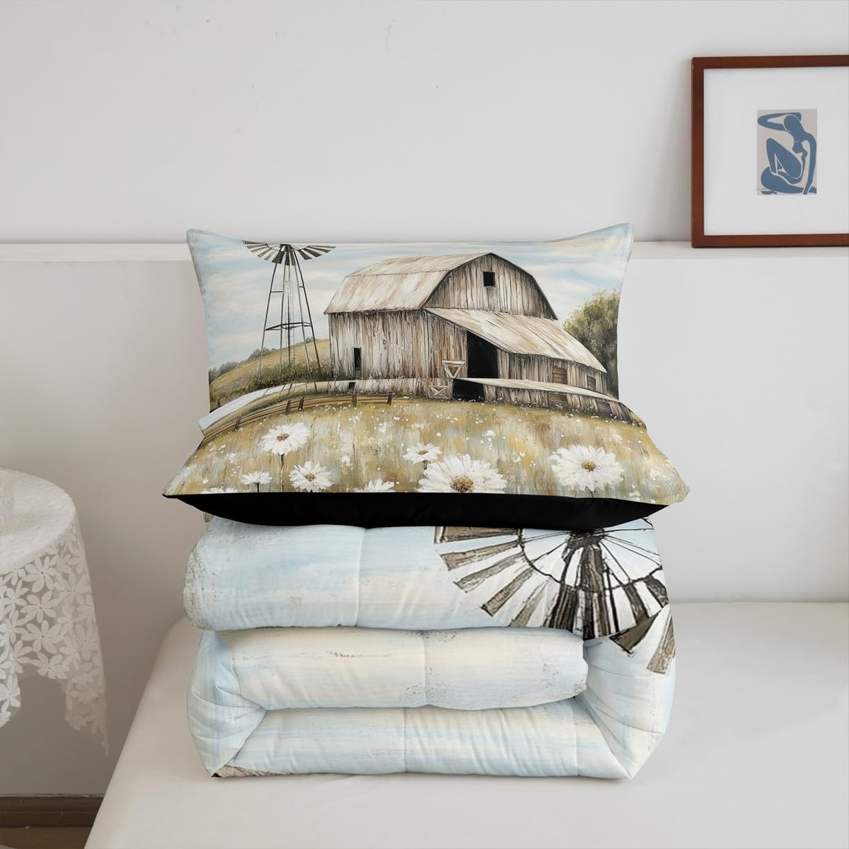 Erosebridal Farmhouse Bedding Set Queen Size Rustic Barn Farm Scene Comforter Rural Country Wild Flowers Quilt Countryside Down Comforter,All Season & Soft Cozy