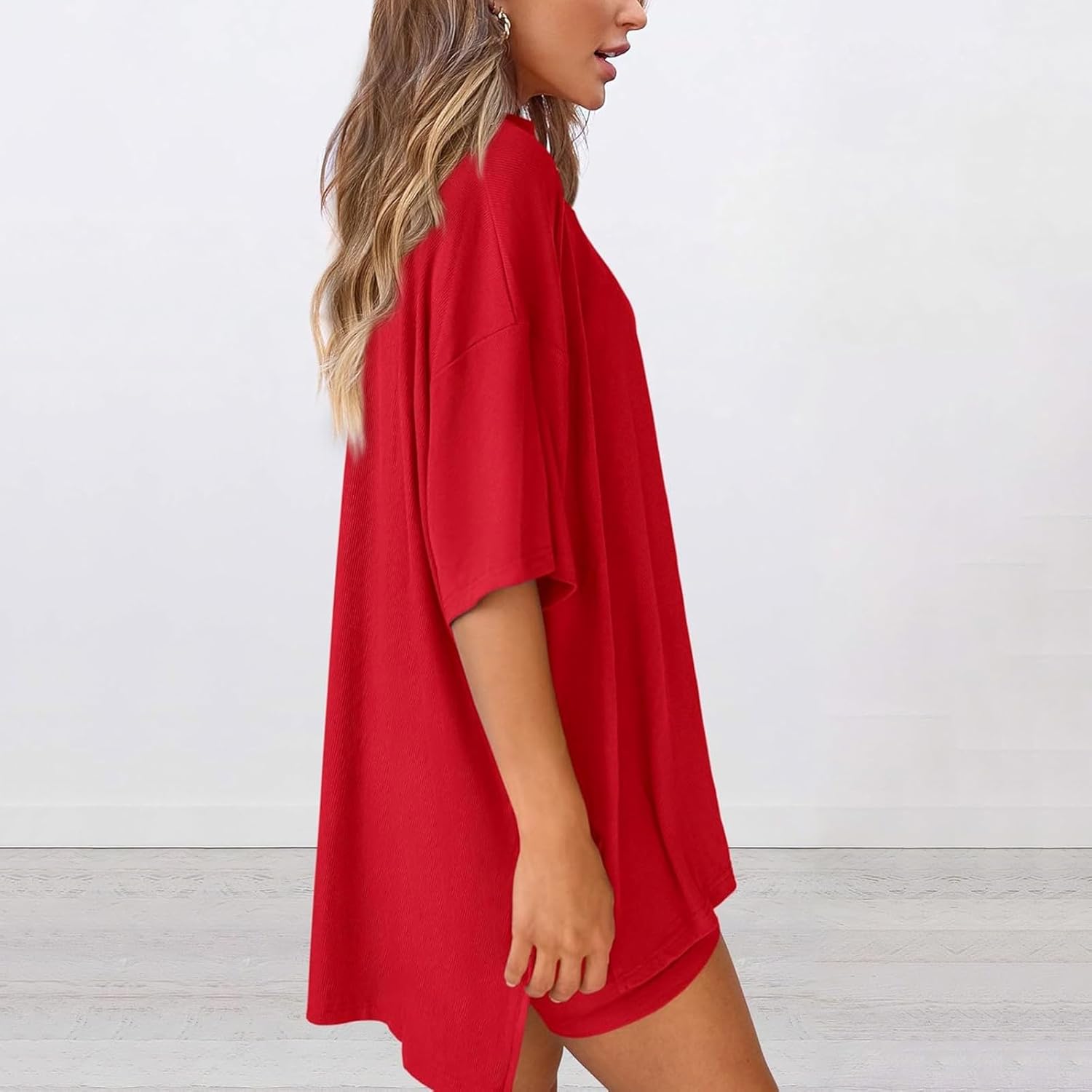 Short Sets Women 2 Piece Outfits Oversized T Shirts Cotton Biker Shorts Matching Lounge Sets Airport Travel Outfit