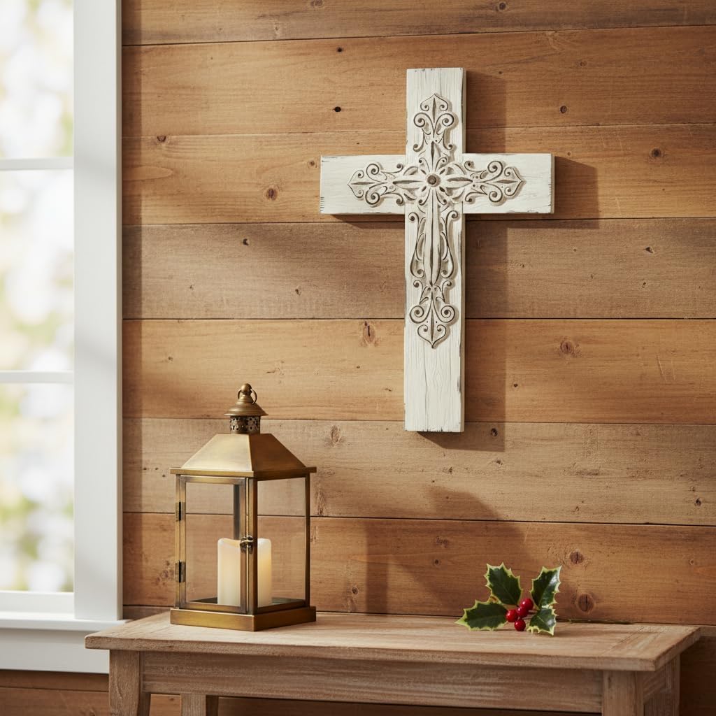 Comfy Hour 13" Decorative Layered Wall Cross, Antique Style Copper Tone Cross on Rustic Wood Look Base, Artisan Crafted Resin Plaque for Home and Office Wall Art (White)