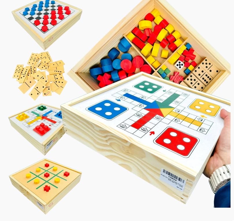 Jogo de Tabuleiro 4 em 1/4x1 Dama, Ludo, Dominó, Jogo da Velha Classicos Jogos de Tabuleiro 4 em 1 Caixa De Madeira de Reflorestamento