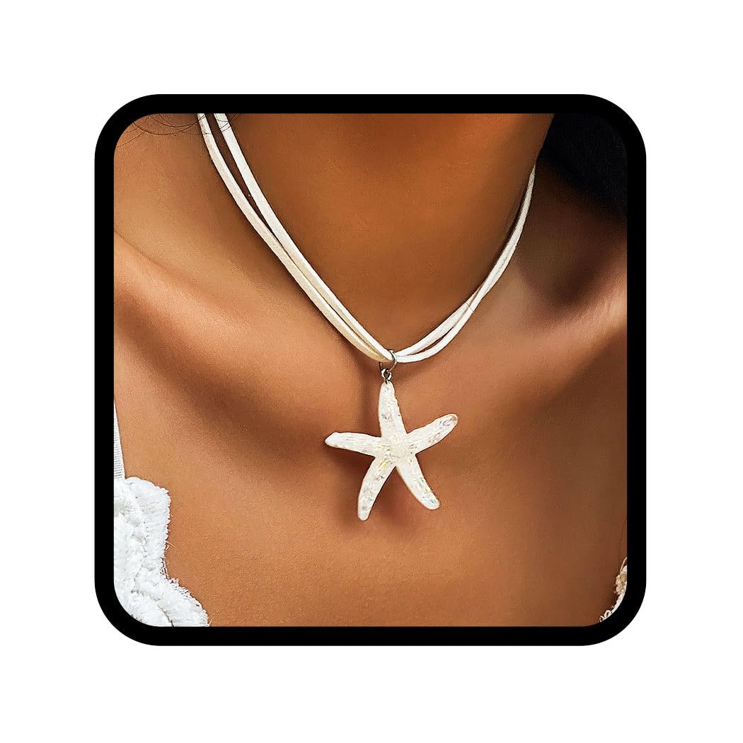 Edary Collar con colgante de corazón bohemio, gargantilla plateada con forma de estrella de mar, collar de playa con cuentas, accesorios para mujeres y niñas