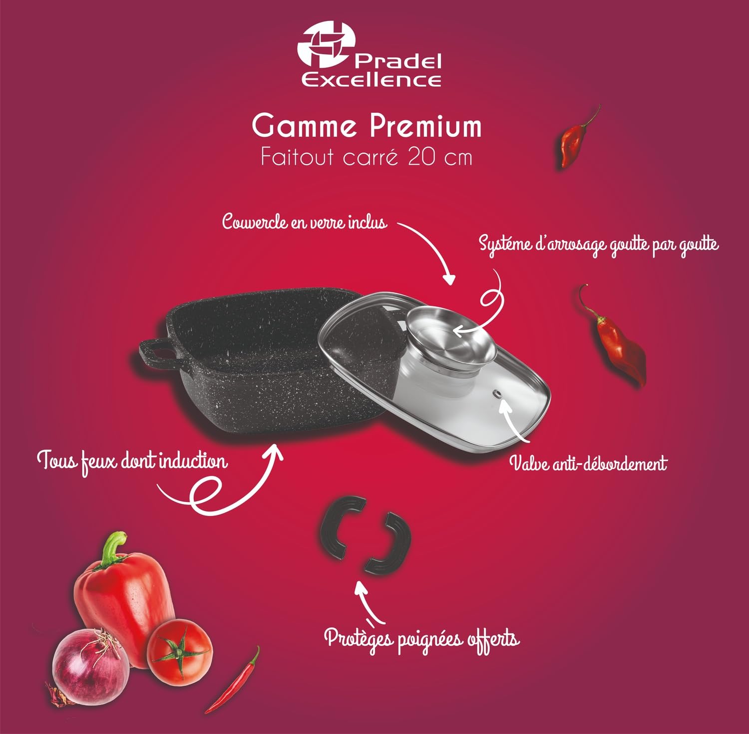 Pradel Excellence - PCUI001024 - Faitout Carré en Fonte d'Aluminium Premium 20x20cm, Revêtement Anti-Adhésif Façon Pierre, Protège-Poignées Amovibles, Tous Feux, Noir