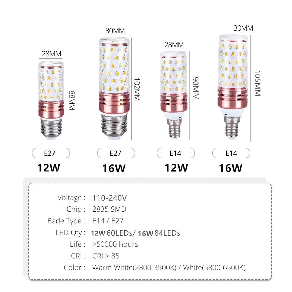 Lampadine a LED ad Alta Tensione, 10 Pezzi, AC110V/220V E14 E27, lampadine a Mais a LED, Tre Colori Misti, Bianco Caldo + Bianco 3000K, 4000K, 6000K, 12W e 16W, lampadine per Uso Domestico