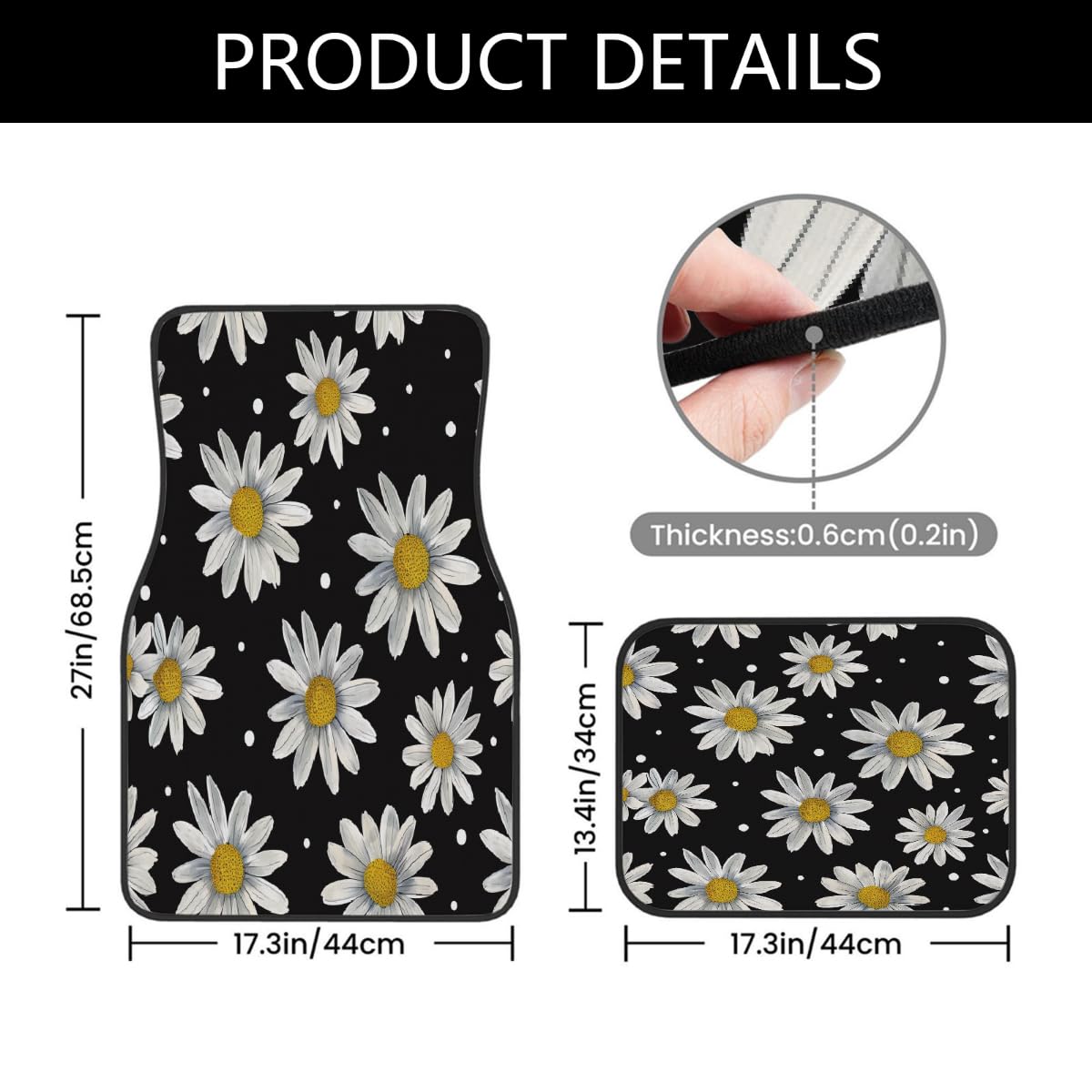 Lot de 4 tapis de voiture universels en polyester imprimé marguerites blanches pois noirs avec dos antidérapant pour voitures, SUV, camions et camionnettes