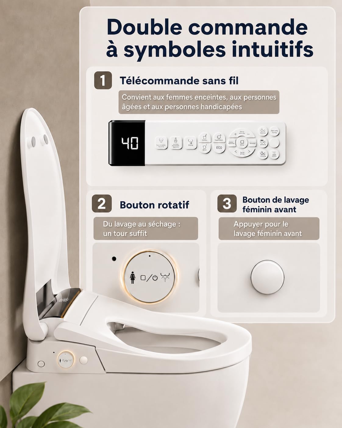 Abattant de Toilette Intelligent Bidet à Double Bras de Pulvérisation, Siège Japonais Chauffant, WC Douche à Couvercle Automatique et Aromathérapie, Bidet Électronique eau Chaude et Sèche-Cheveux