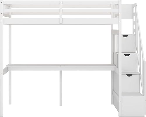 Miniatura 4 de CITYLIGHT Cama tipo loft de tamaño individual con escaleras y escritorio cama tipo loft de madera individual con escalera de almacenamiento cama