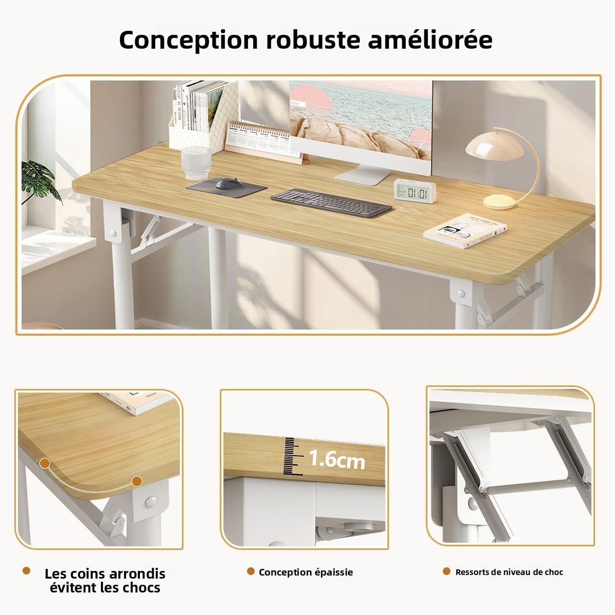 Bureau d'ordinateur Moderne Table de Travail sans Assemblage, Table d'étude Pliante Espace-Saving pour Salle d'étude, Chambre à Coucher, Bureau à Domicile