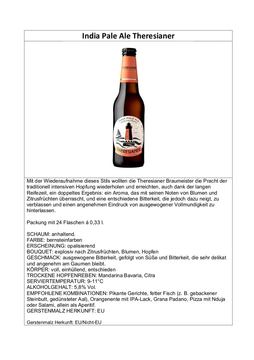 India Pale Ale Theresianer Italienisches Bier (24 flaschen 33 cl.)
