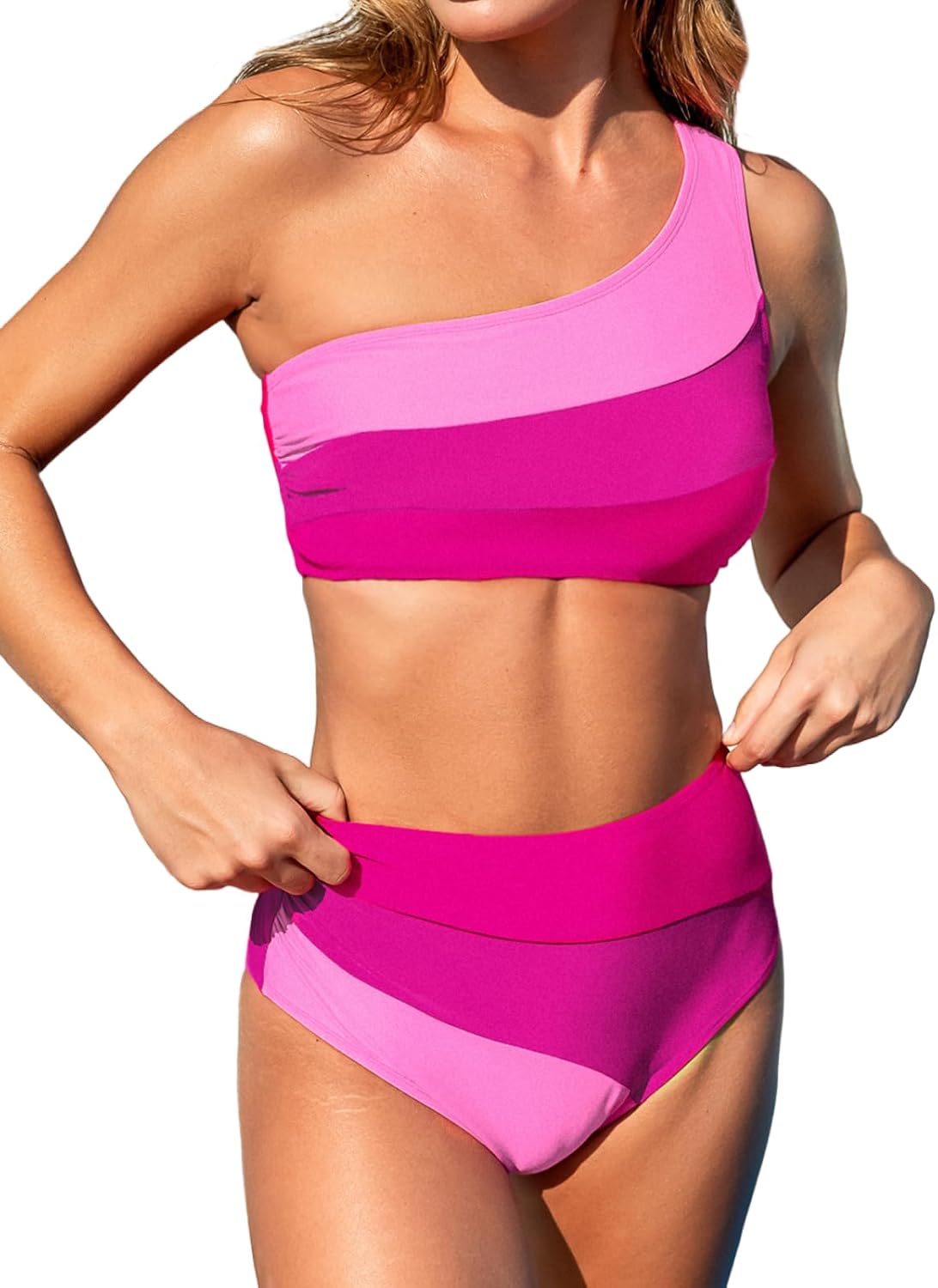 CUPSHE Women's Bikini Sets Two Piece Swimsuit High Waisted One Shoulder Color Block Ruched Asymmetrical