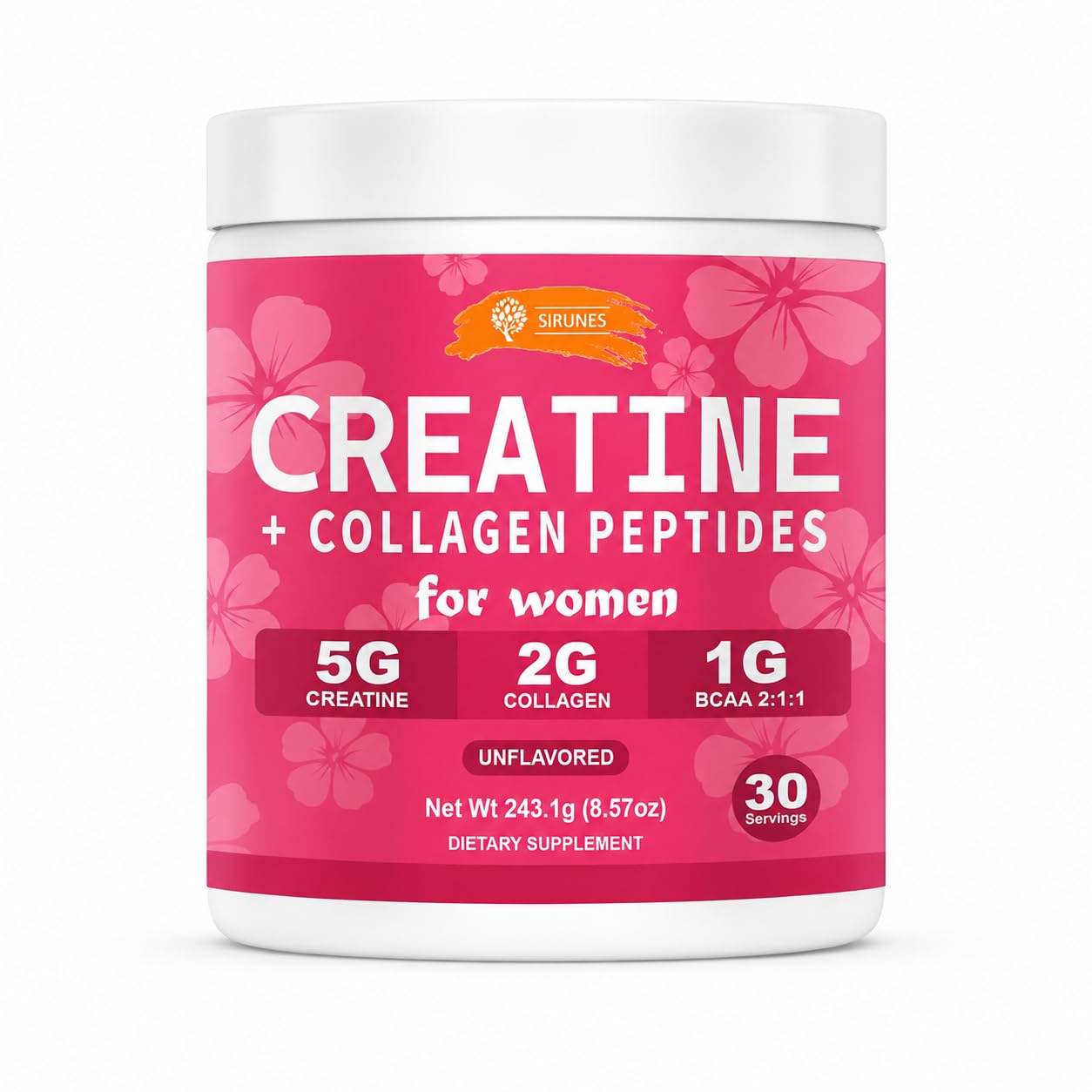 SIRUNES Creatine and Collagen for Women – 5g Creatine Monohydrate, 2g Collagen Peptides, 1g BCAA 2:1:1 – Beauty and Strength Powder, Unflavored, 30 Servings