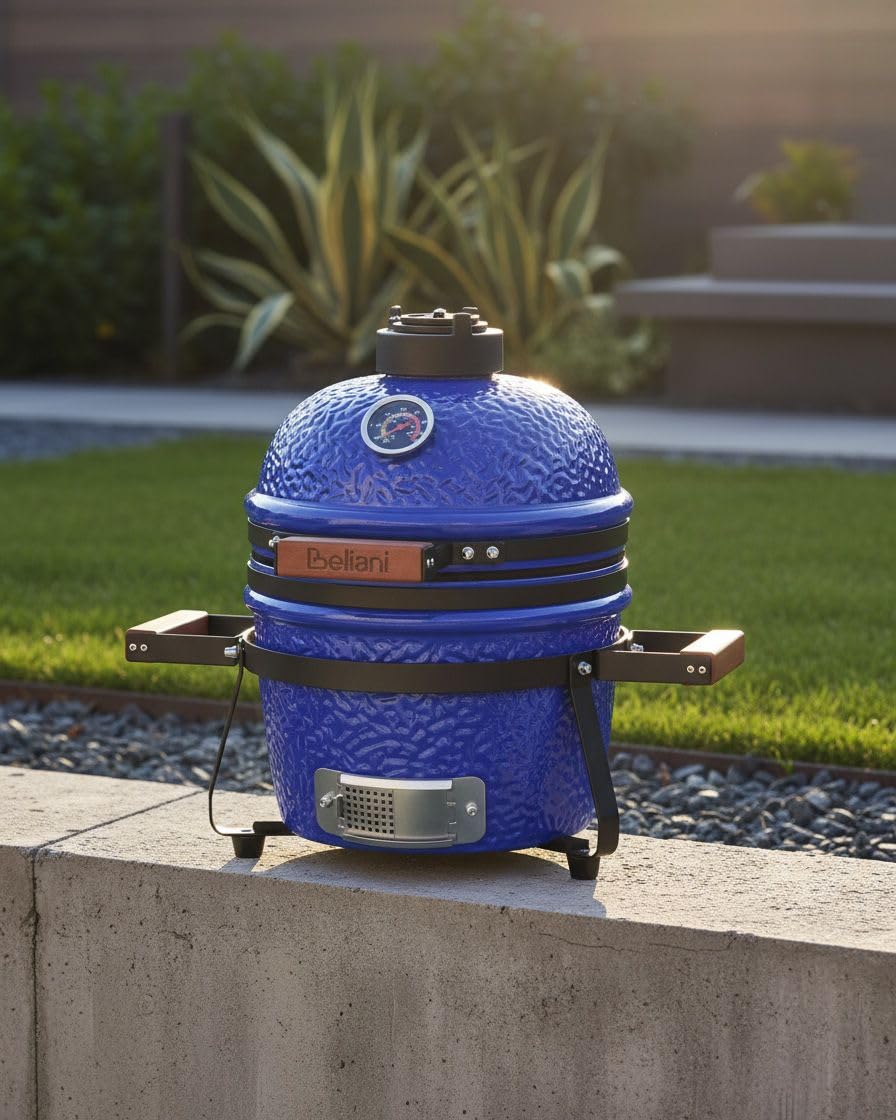 Ogrodowy mini grill węglowy ceramiczny przenośny z pokrywą termometerem rusztem niebieski Kamado