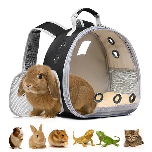Bunny Carrier, Guinea Pig Carrier,Small Animal Carrier Backpack for Rabbit,Bearded Dragon, Lizard,Hamster,Kitten. Breathable Pet Travel Cage Bag Perfect for Vet Visits & Outdoor Adventures (Black)