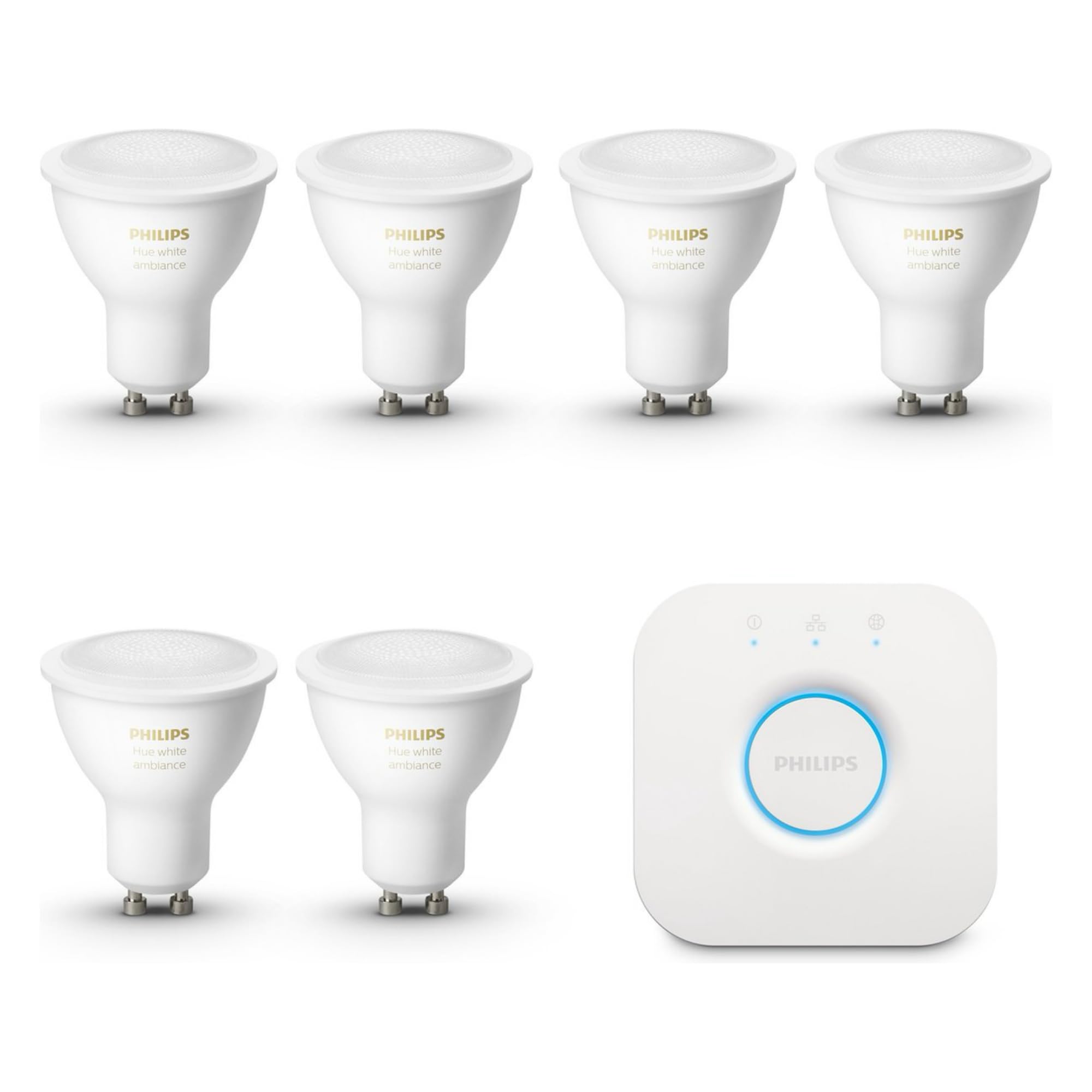 Philips Hue Kit de démarrage - GU10 - avec 6 Spots - Lumière blanche chaude à froide - Comprend 1 Hue Bridge - Hue White Ambiance