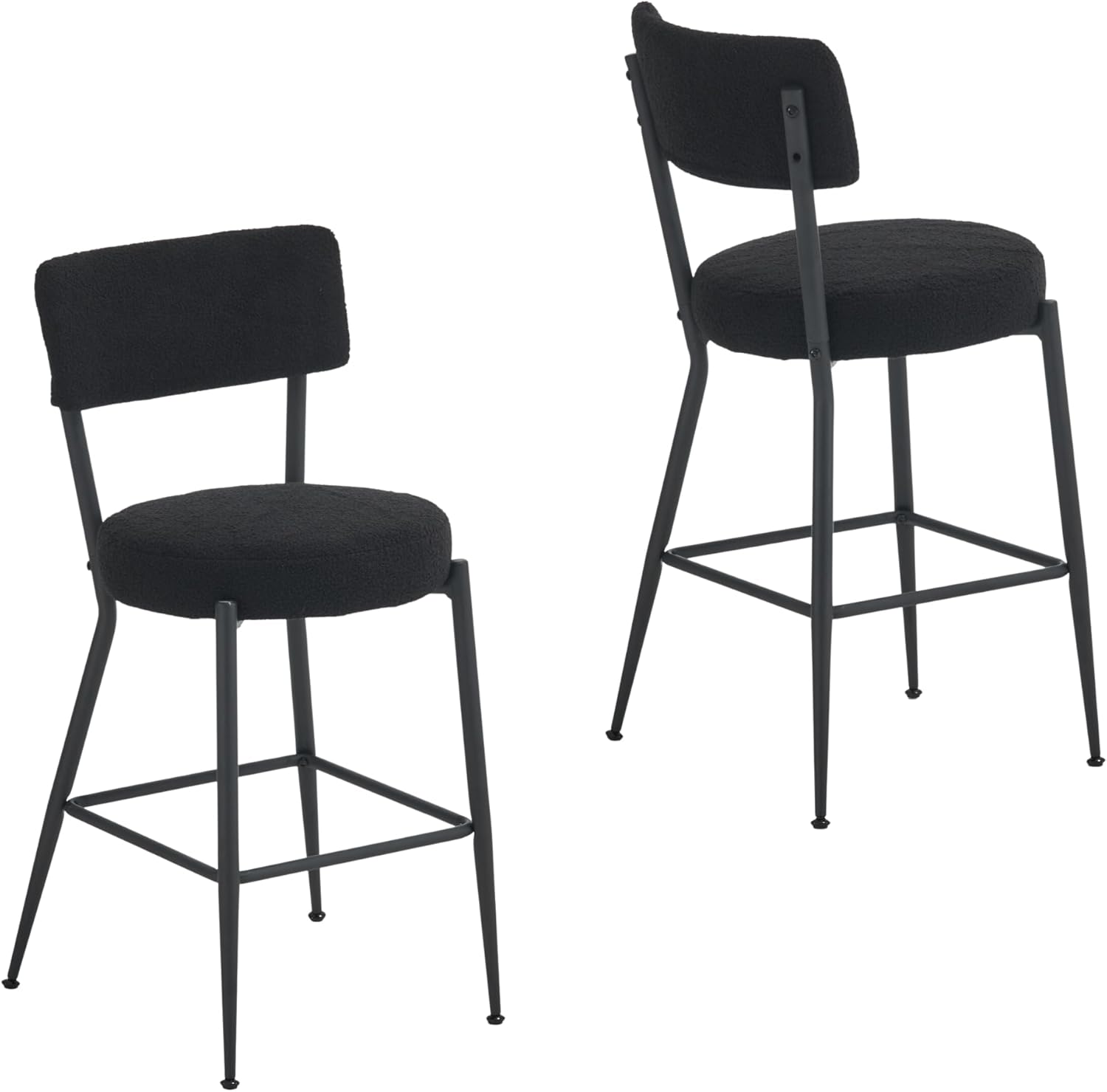 Bar Stools Set of 2,Teddy Fabric Upholstered Counter Stools with Back,Dining Bar Chairs Upholstered Modern Bar Stool with Metal Legs and Footrest for Kitchen Island, Bar, Dining Room (Set of 2, Black)