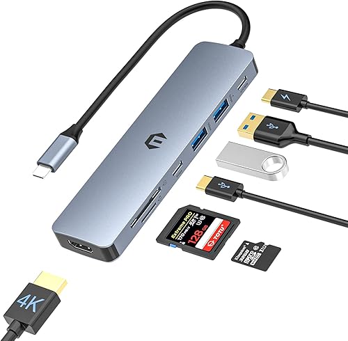TOTU Hub USB C, base USB C 7 en 1 con HDMI 4K, 2 USB 3.0, USB C 3.0, 100 W tipo C PD, ranura para tarjeta SDTF para MacBook ProAir y otros