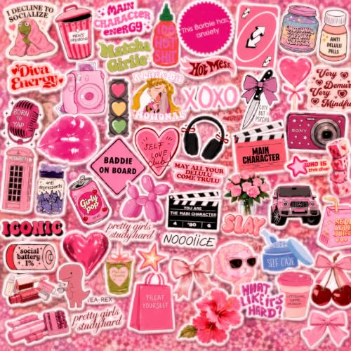Image of Kawaiee Aesthetic Sticker Collection | Cute Pink Stickers for Laptop, Journal, Water Bottle, Phone Case & Scrapbook | Main Character Energy, Self Care & Y2K Inspired Vinyl Decals (3 Sheets)
