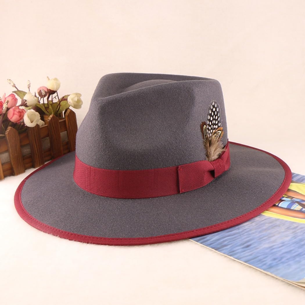 Wool Fedora Hat with Feather Accent, Gray and Burgundy, Wide Brim