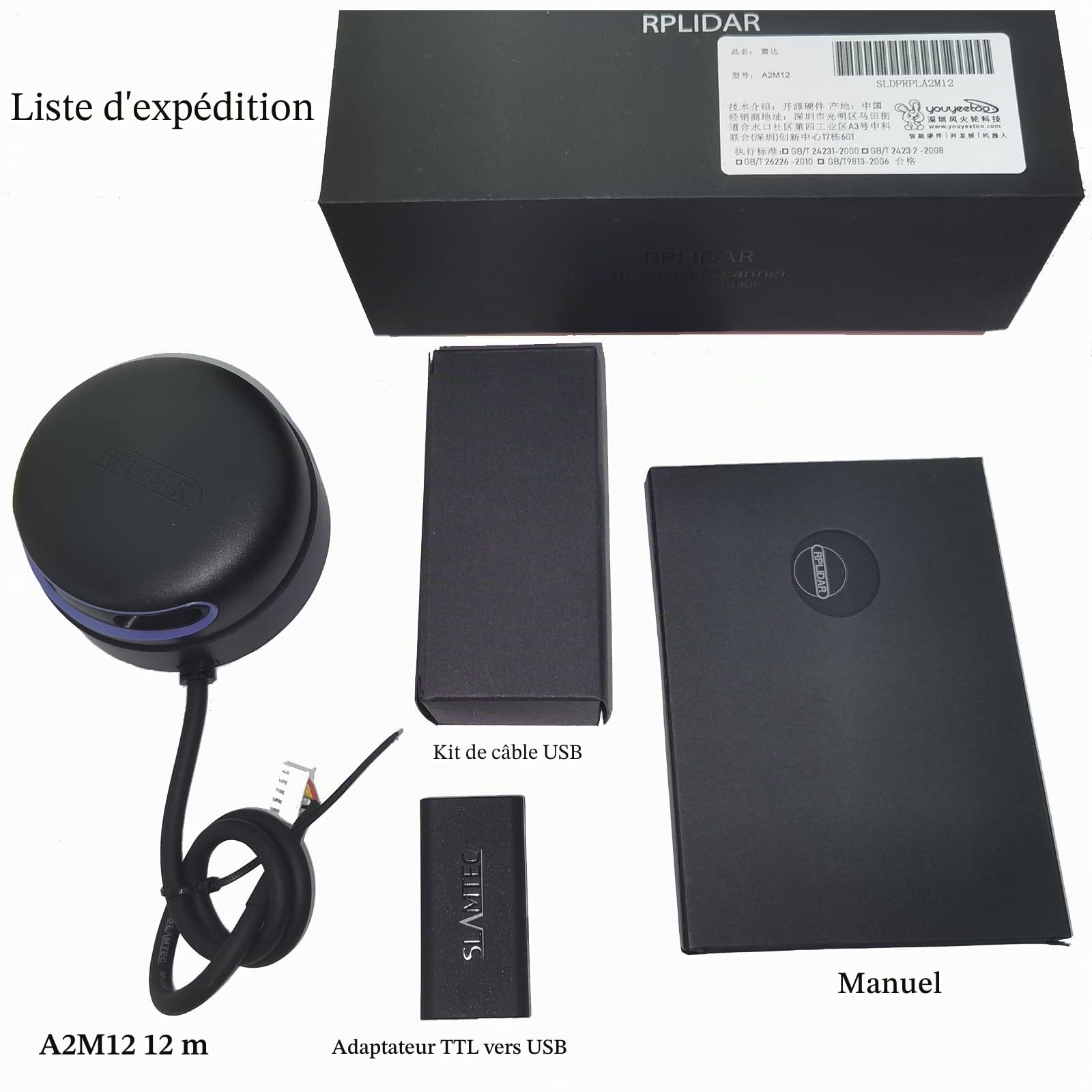 youyeetoo RPLIDAR A2M12 Scanner Lidar à 360 degrés Distance de mesure 12 m Fréquence d'échantillonnage 16 000 Hz Compatible avec les SDK précédents A2