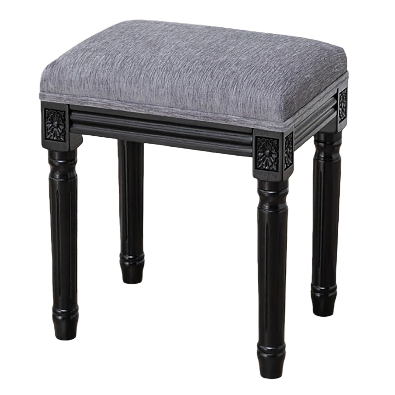 Taburete tapizado para tocador gris oscuro con patas de madera maciza para dormitorio