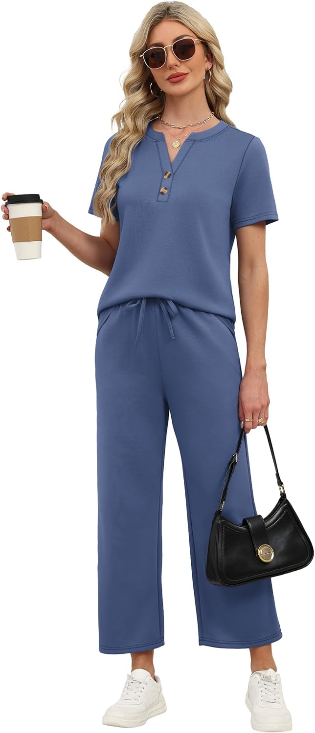 OFEEFAN 2 Piece Sets for Women Spring Fashion Beach Vacation Cruise Outfit Dressy Casual Wide Leg Crop Pants Resort Wear - Image 5