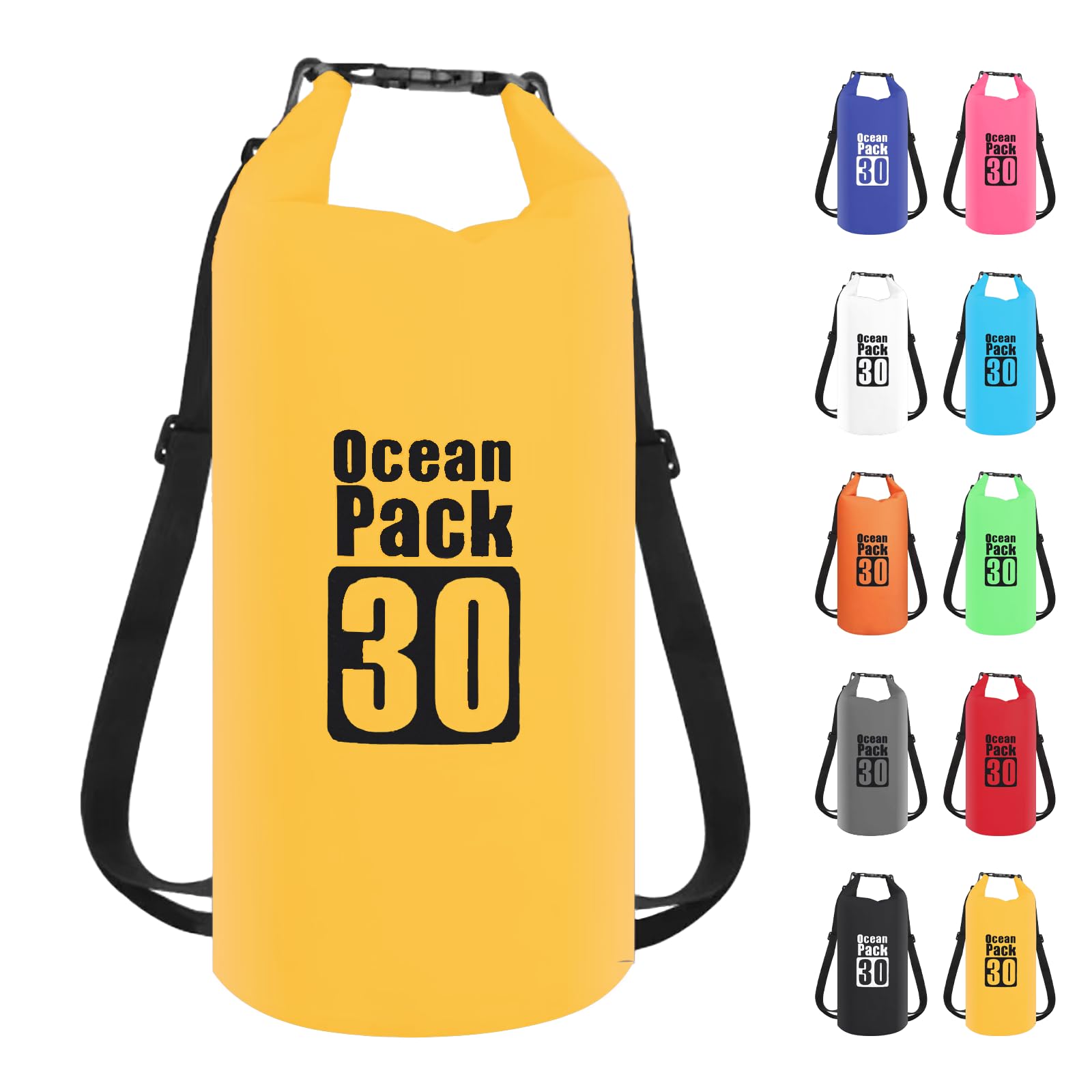 30L Gelb Wasserdichte Tasche, Dry Bag 2L/5L/10L/15L/20L/30L mit Verstellbarem Gurt, Schützt Telefon/Karte, Roll Top Wasserdichter Beutel Rucksack für Schwimmen/Rafting/Kajak/Bootfahren/Camping/Strand