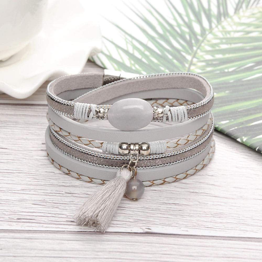 Lederarmband für Frauen, mehrschichtige Vintage Lederarmbandgrau Temperament Naturstein Achat gewebter Quasten-Anhänger Magnet Schnalle Damen Armband Personalisierte Kleidung Accessoires Schmuck
