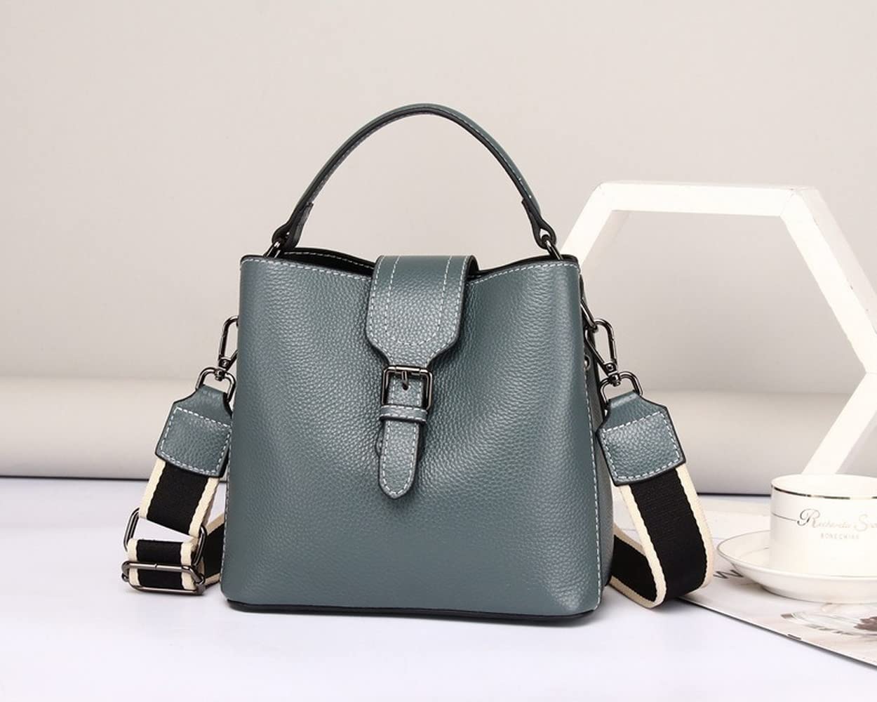 Torby wiaderkowe z prawdziwej skóry górny uchwyt torby crossbody patchworkowa torebka na ramię portmonetki moda damska torebki, ZIELONY, Medium
