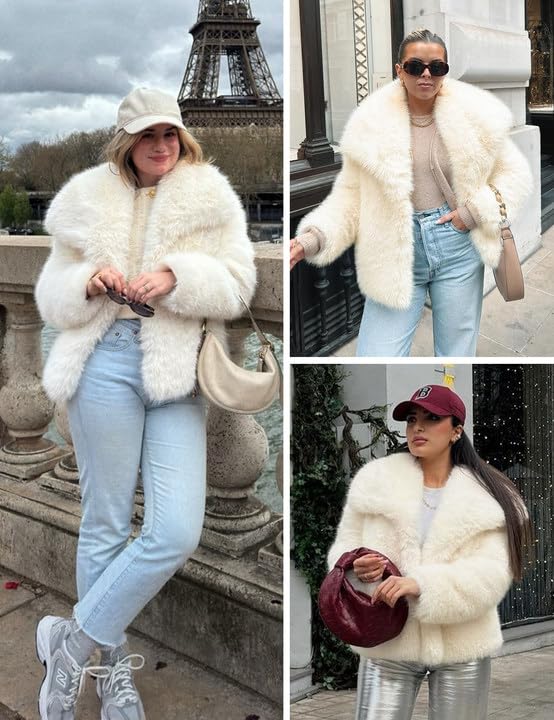 Shiyifa Faux Fur Coat for Women Fluffy Faux Fur Jacket Long Sleeve Open Front Cropped Fuzzy Outerwear4