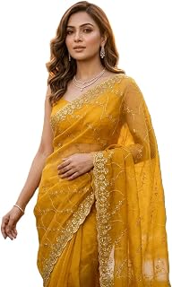 NIRLABH Designer Organza Silk Saree with Elegant Gold Floral Embroidery & Scalloped Border | Lightweight Saree for Women |... Price In India