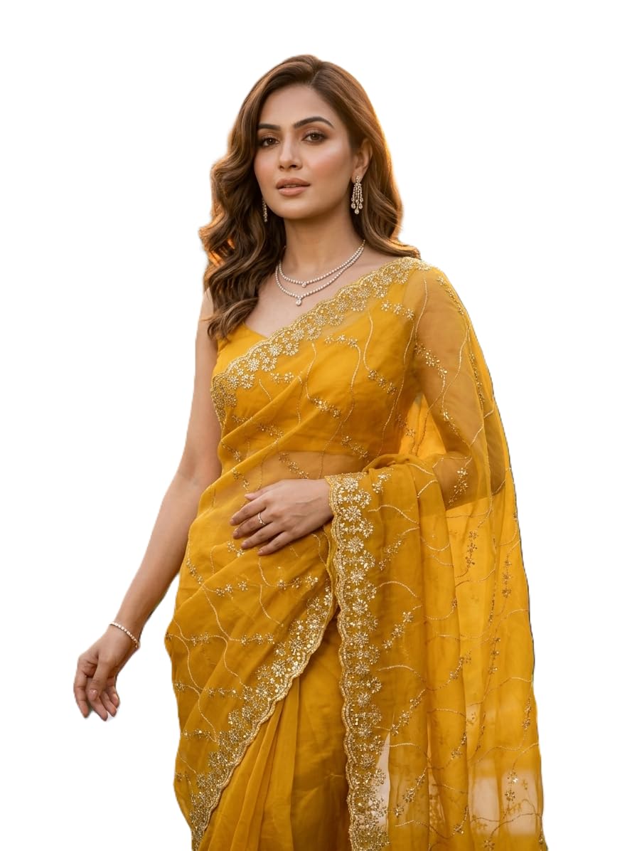 NIRLABH Designer Organza Silk Saree with Elegant Gold Floral Embroidery & Scalloped Border | Lightweight Saree for Women |...