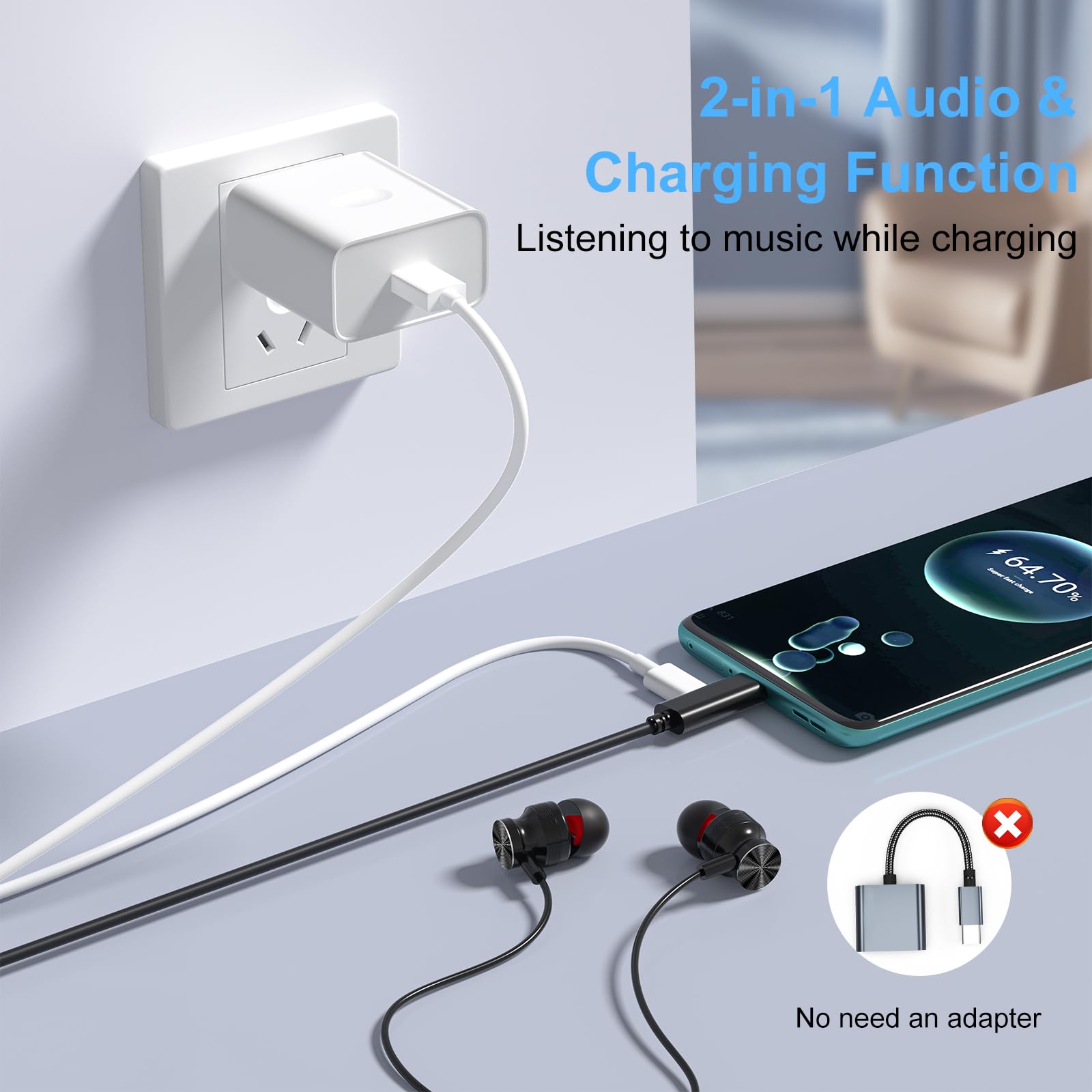 Auriculares USB-C Con Cable Para Deporte | Medio Intrauditivo Con Micrófono | Sonido Puro Y Graves Potentes | Cable Trenzado Antienredos | Compatible Con Todo USB-C