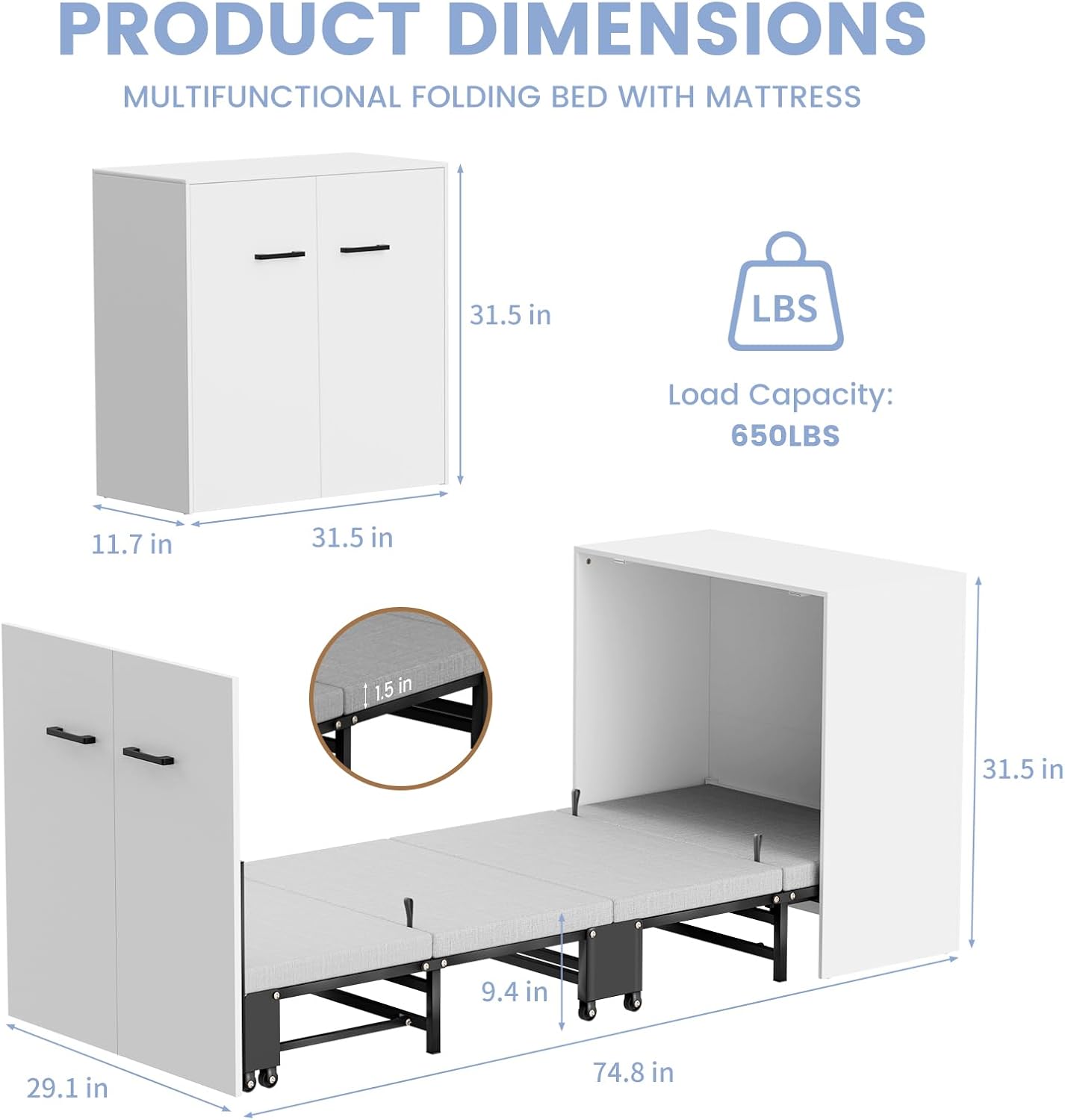 Diagram illustrating the dimensions of the DoCred Murphy Bed in both cabinet and bed configurations, including load capacity.