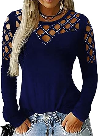 Memorose Womens Rhinestone Cold Shoulder Tops Long Sleeve Sparkly Blouse