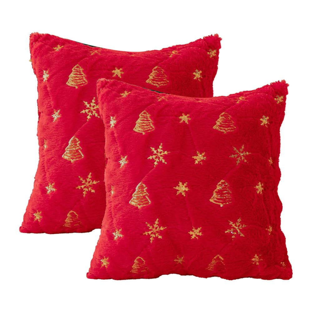 BDKMMS Christmas Pillow Covers, 2PCS 17.7×17.7Inch Soft Plush Christmas Tree Embroidered Pillowcases Xmas Decorations for Sofa Couch Cushion Chair Living Room
