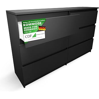 CDF Black Chest of Drawers with 6 Drawers 30 cm Deep Living Room Bedroom Malm Chest of Drawers Lots of Storage Space Suitable as Clothing Organiser Width 120 cm Modern Look