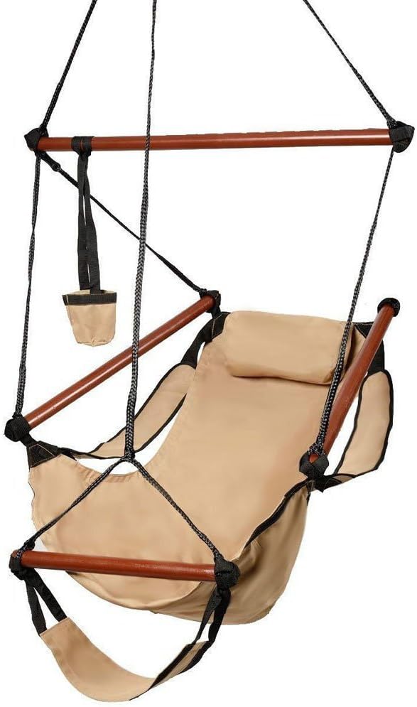 Onecloud Sky Chair, Deluxe Hanging Hammock Air Chair Swing Seat with Pillow, Drink Holder, Solid Wood Weather Resistant for Indoor/Outdoor Yard Garden Tree Patio Porch, 250 LBS (Tan)