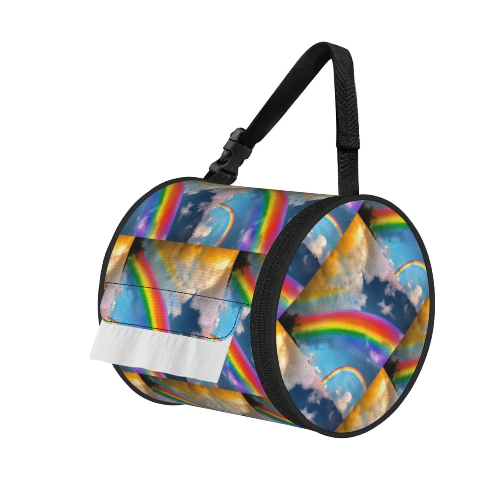 Vibrant Rainbow Print Cylinder Tissue Organizer Bag With Strap, Portable Toilet Roll Holder For Camping Car