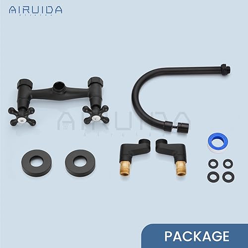 Vista 61 de Airuida Grifo de cocina de montaje en pared con rociador, grifo de fregadero de cocina montado en la pared, asas dobles cruzadas, boquilla giratoria