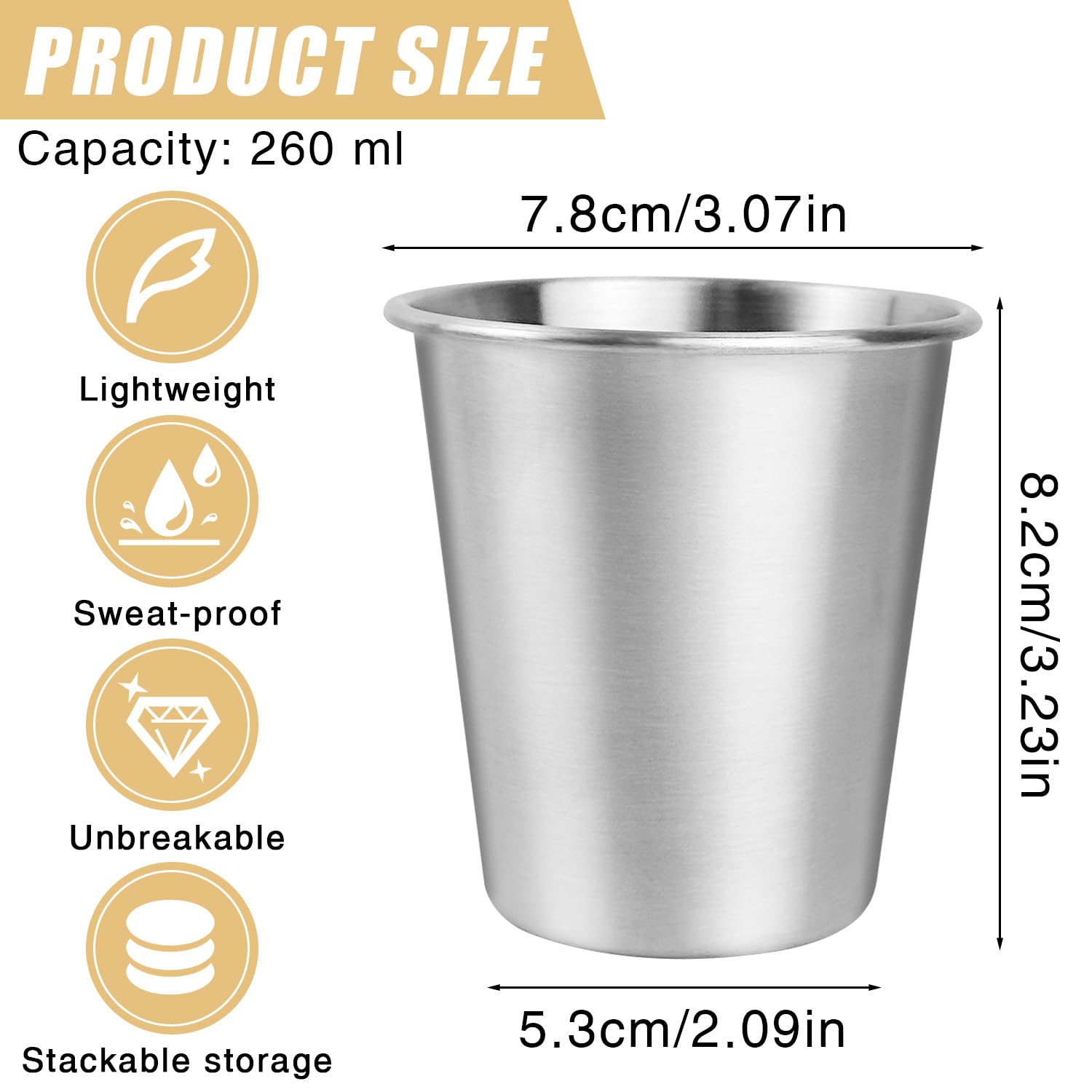 Tazza in Acciaio Inox, 8 Pezzi 260 ml Bicchieri Infrangibili, Bicchieri da Viaggio, Tazza Campeggio, Riutilizzabile Bicchieri in Acciaio Inox Adatto per Famiglia, Picnic, Viaggi, Barbecue
