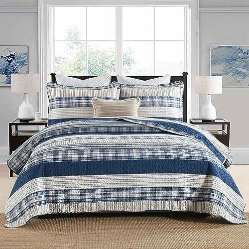 Image of Homzard 100% Cotton Qult Set, California King 118'' x 106'' Oversized Bedspread Set with 2 Pillow Shams, Blue White Tan Bedding Comforter Set, Plaid Striped Coverlet Sets Reversible Bed Set | Oeko-Tex Certified