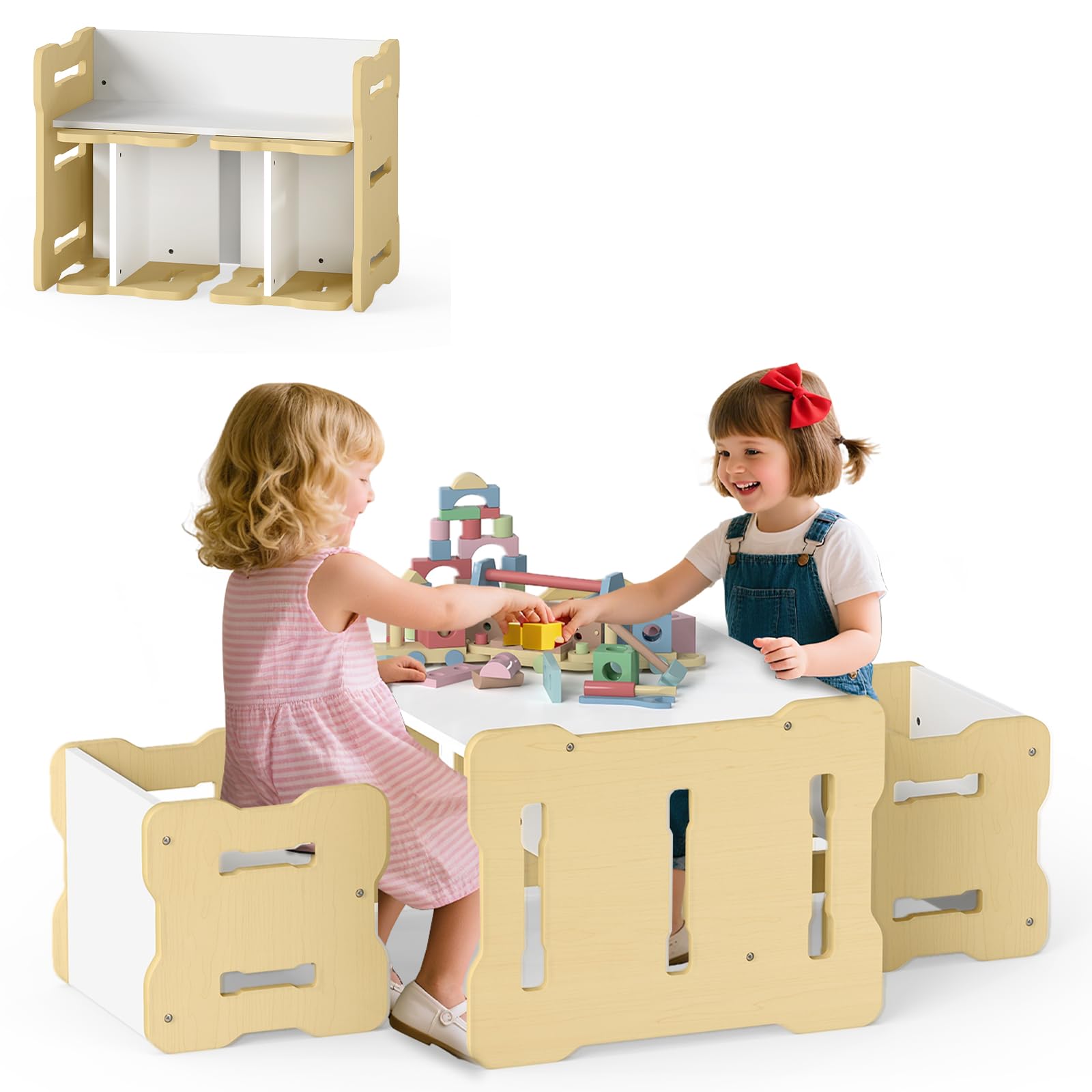RELAX4LIFE Tavolino e Sedia per Bambini, Set Multiuso Convertibile con Tavolo e 2 Sedie per Disegno, Lettura, Pranzo e Artigianato, Mobili in Legno per Casa, Asilo Nido e Scuola (Naturale)
