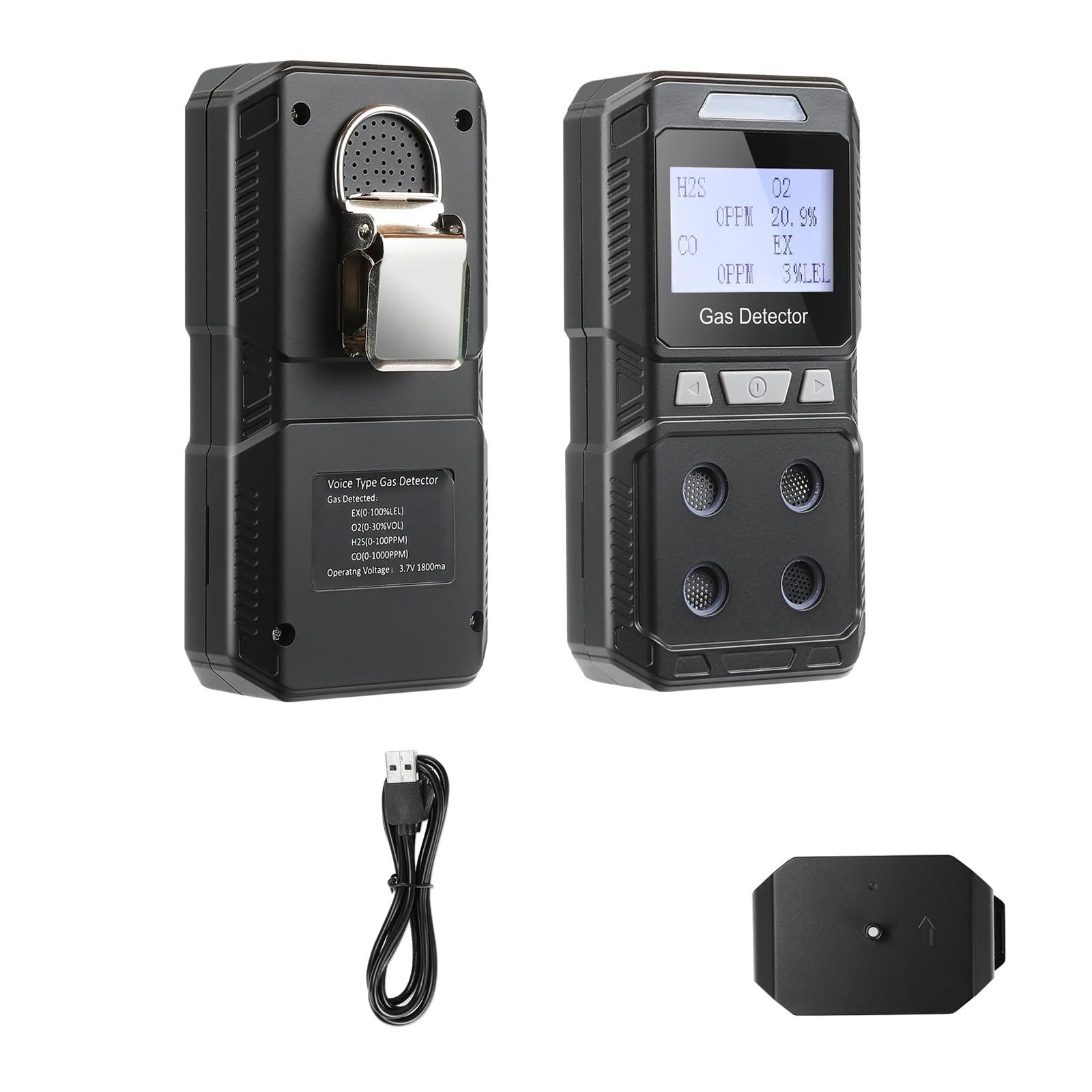 Détecteur de gaz Portable 4 en 1, Moniteur Multi-gaz recharable, testeur de qualité de l'air, analyseur de hte précision EX O2 H2S CO Lecture en Temps réel